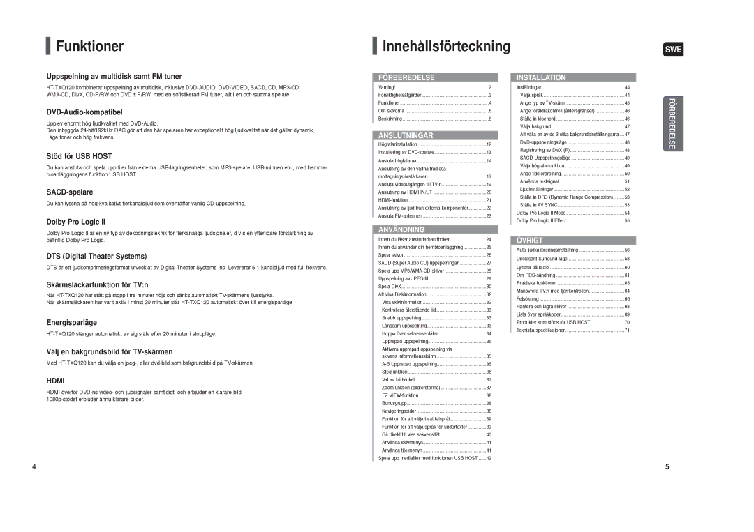 Samsung HT-TXQ120R/XEE manual Funktioner Innehållsförteckning, Swe 