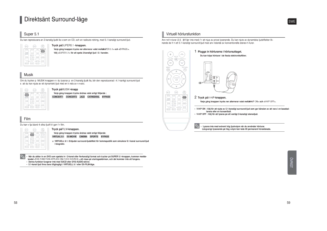 Samsung HT-TXQ120R/XEE manual Direktsänt Surround-läge, Super, Musik, Film, Virtuell hörlursfunktion 