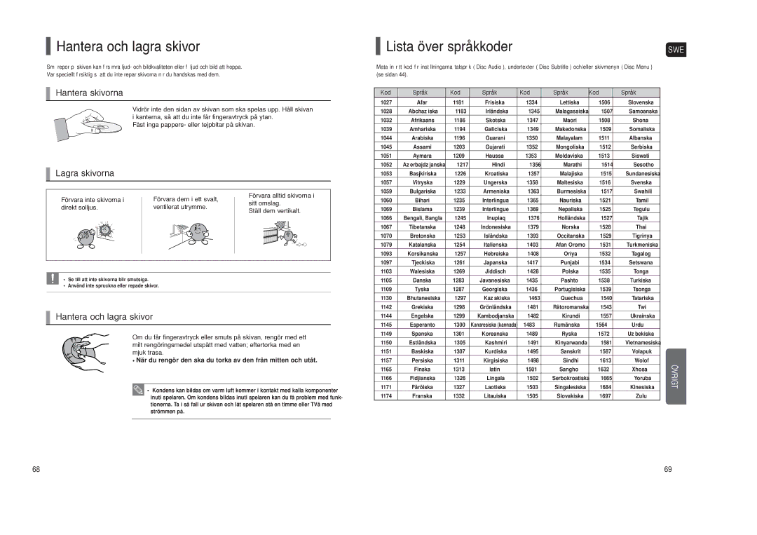 Samsung HT-TXQ120R/XEE manual Hantera och lagra skivor, Lista över språkkoder, Kod Språk 