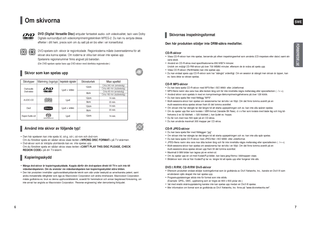 Samsung HT-TXQ120R/XEE manual Om skivorna, CD-R-skivor, CD-R MP3-skivor, CD-R JPEG-skivor, DVD R/RW, CD-R/RW DivX-skivor 