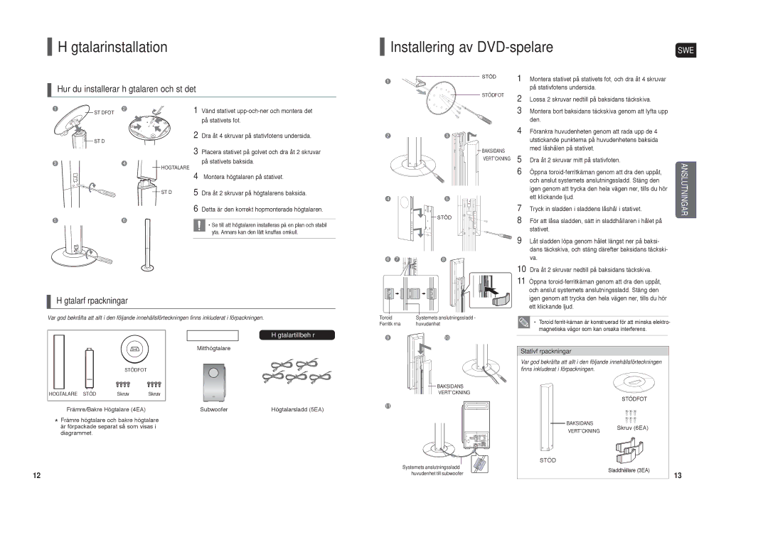 Samsung HT-TXQ120R/XEE manual Högtalarinstallation Installering av DVD-spelare, Hur du installerar högtalaren och stödet 