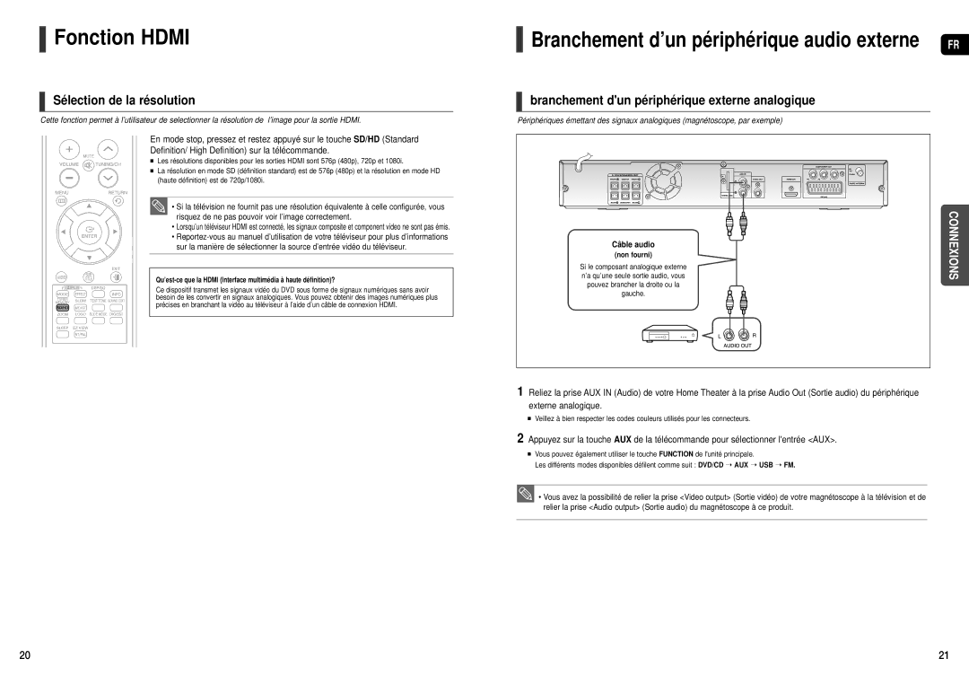 Samsung HT-THX25R/XEF manual Fonction Hdmi, Sélection de la résolution, Branchement dun périphérique externe analogique 