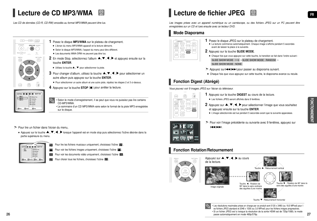 Samsung HT-TXQ120R/XEF, HT-THX25R/XEF manual Lecture de fichier Jpeg Jpeg, Mode Diaporama, Fonction Digest Abrégé 