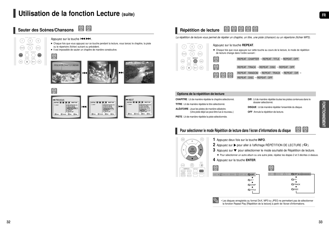 Samsung HT-THX25R/XEF, HT-TXQ120R/XEF Utilisation de la fonction Lecture suite, Répétition de lecture DVD CD MP3 Jpeg DivX 