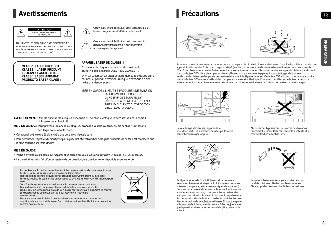 Samsung HT-TXQ120R/XEF, HT-THX25R/XEF manual Avertissements, Précautions 