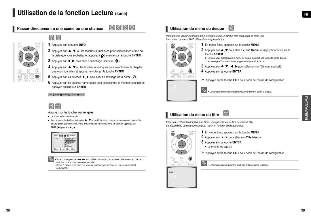 Samsung HT-TXQ120R/XEF, HT-THX25R/XEF manual Utilisation du menu du disque DVD 