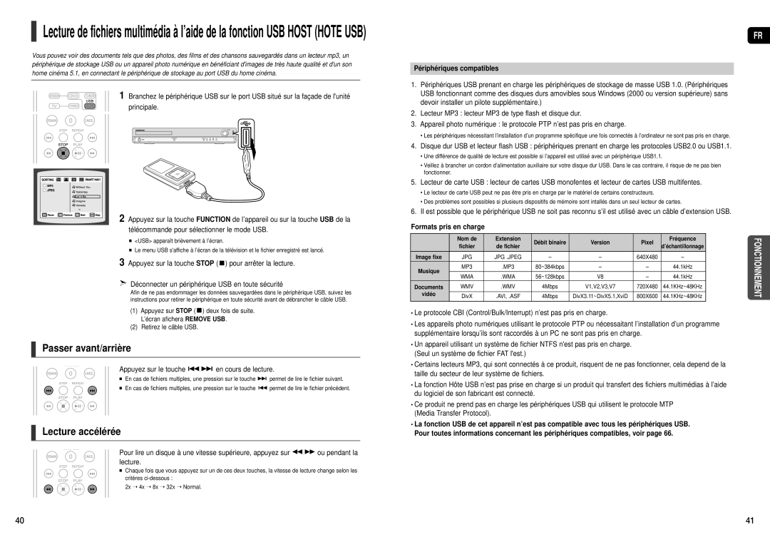 Samsung HT-THX25R/XEF manual Appuyez sur le touche en cours de lecture, Périphériques compatibles, Formats pris en charge 