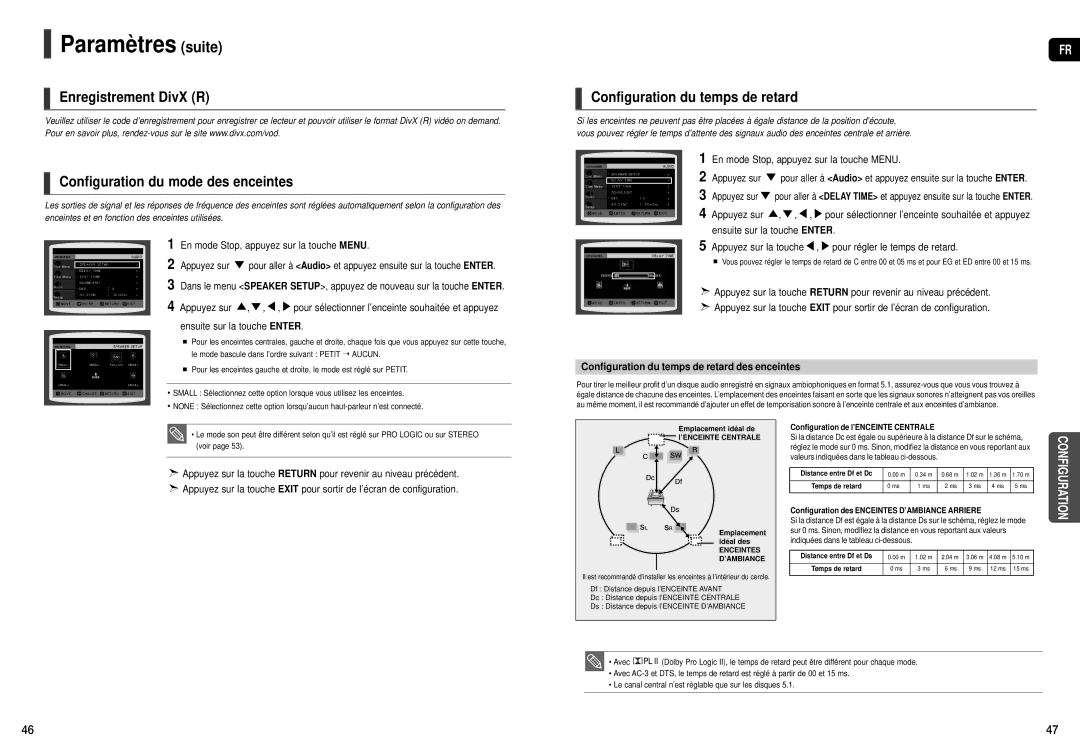 Samsung HT-TXQ120R/XEF manual Enregistrement DivX R Configuration du mode des enceintes, Configuration du temps de retard 