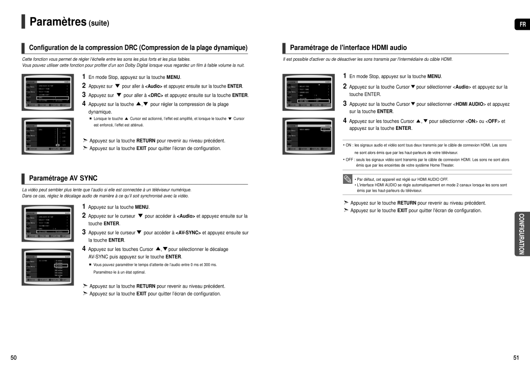 Samsung HT-TXQ120R/XEF manual Paramétrage AV Sync, Paramétrage de linterface Hdmi audio, Dynamique, Appuyez sur le curseur 