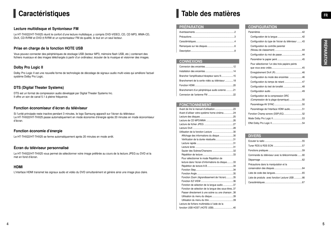 Samsung HT-THX25R/XEF, HT-TXQ120R/XEF manual Caractéristiques, Table des matières 