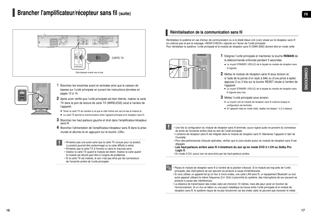 Samsung HT-THX25R/XEF Réinitialisation de la communication sans fil, Mettez l’unité principale sous tension, Fil clignote 