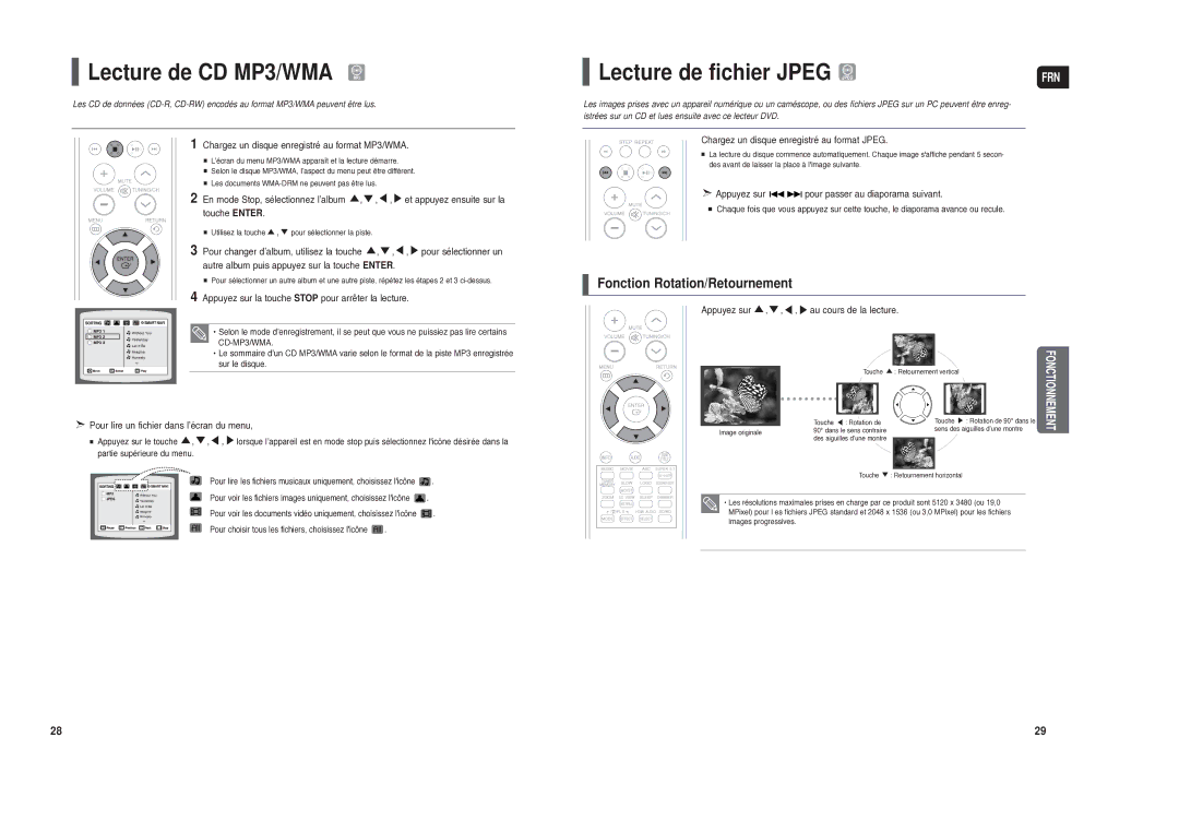 Samsung HT-TXQ120R/XEF manual Lecture de CD MP3/WMA, Lecture de fichier Jpeg, Fonction Rotation/Retournement 