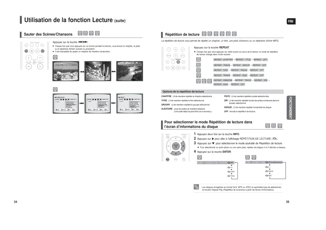 Samsung HT-TXQ120R/XEF manual Utilisation de la fonction Lecture suite, Sauter des Scènes/Chansons, Répétition de lecture 