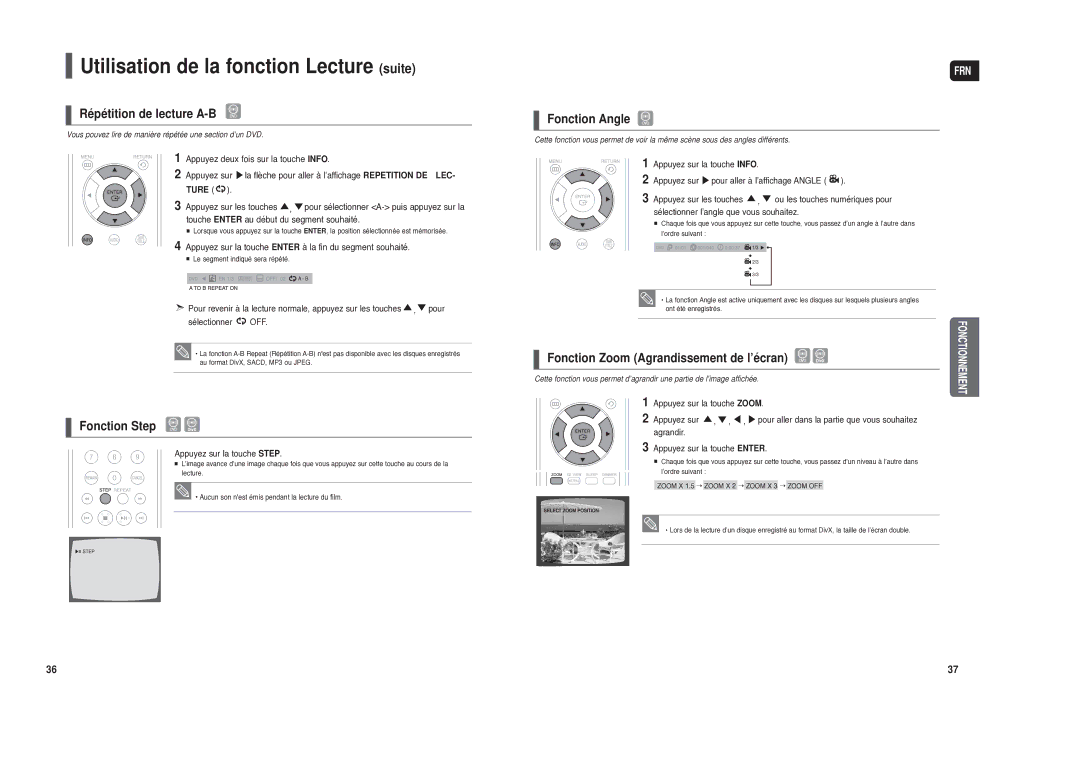 Samsung HT-TXQ120R/XEF Répétition de lecture A-B, Fonction Step, Fonction Angle, Fonction Zoom Agrandissement de l’écran 