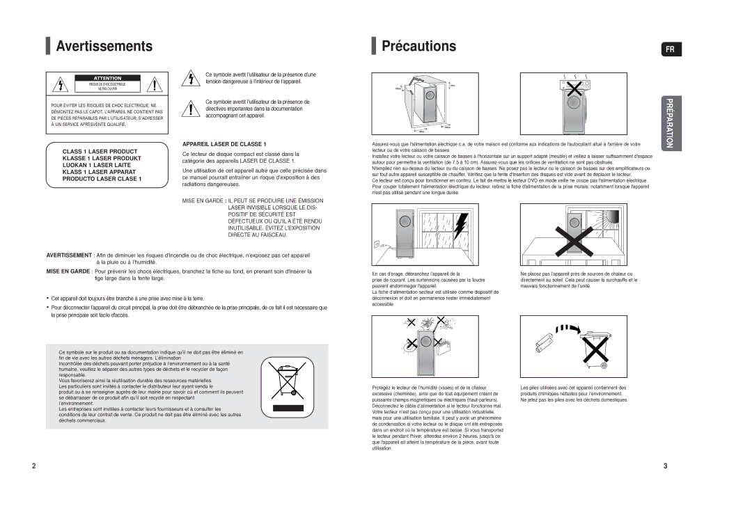 Samsung HT-TXQ120R/XEF manual Avertissements Précautions, Appareil Laser DE Classe 