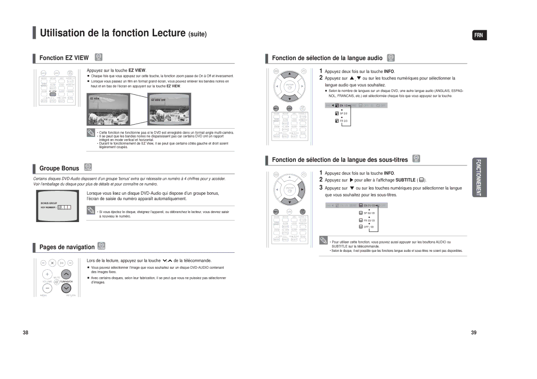 Samsung HT-TXQ120R/XEF manual Fonction EZ View, Groupe Bonus, Pages de navigation, Fonction de sélection de la langue audio 