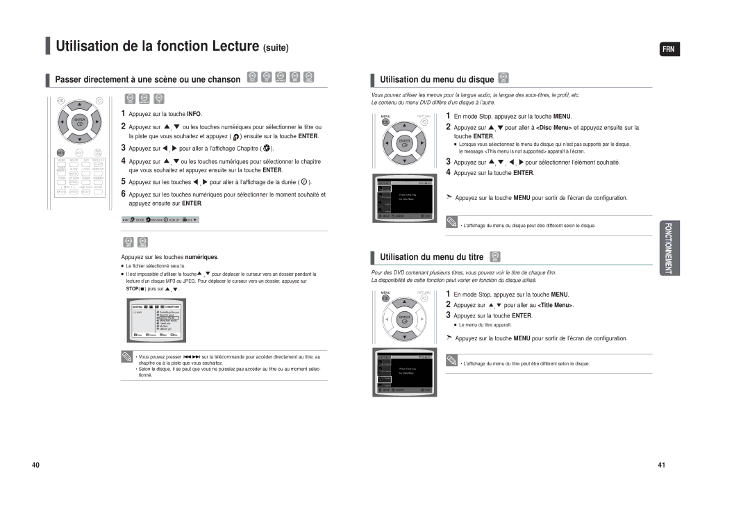 Samsung HT-TXQ120R/XEF manual Passer directement à une scène ou une chanson, Utilisation du menu du disque 