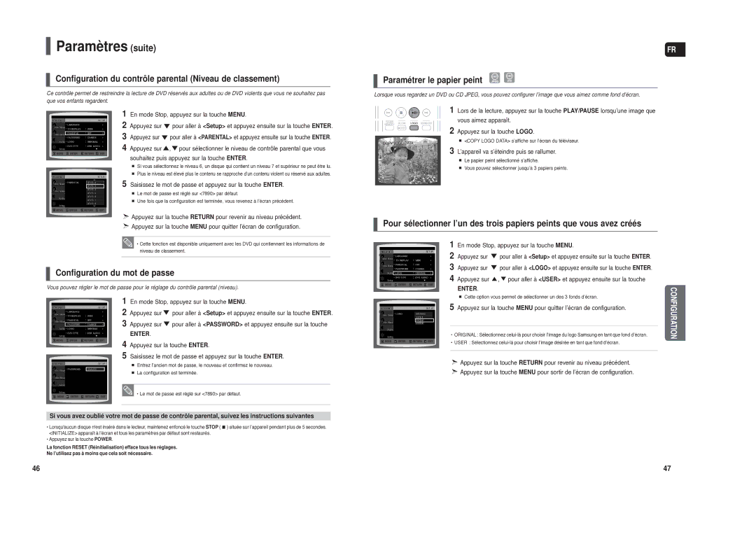 Samsung HT-TXQ120R/XEF manual Paramètres suite, Configuration du contrôle parental Niveau de classement 