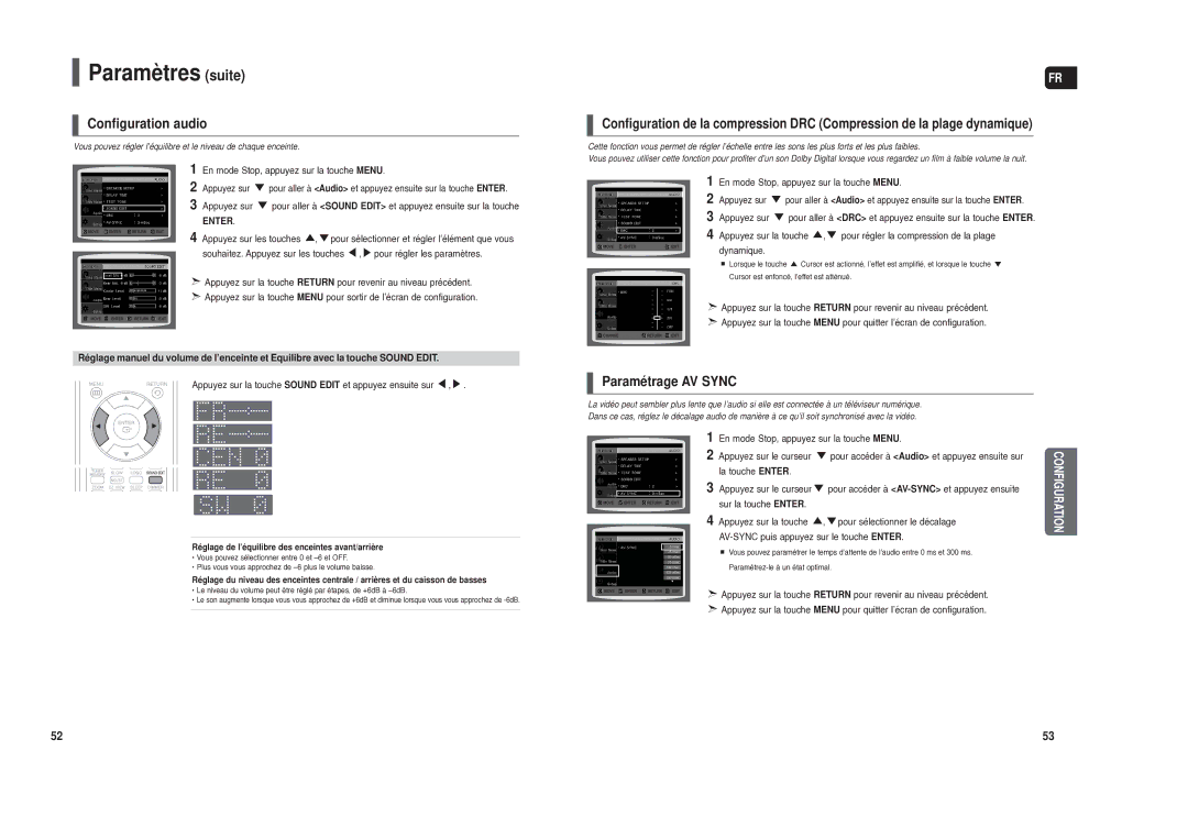 Samsung HT-TXQ120R/XEF manual Configuration audio, Paramétrage AV Sync 