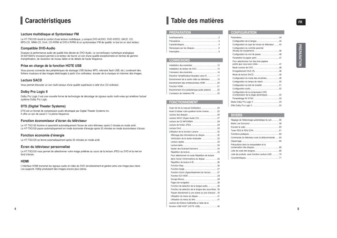 Samsung HT-TXQ120R/XEF manual Caractéristiques, Table des matières 