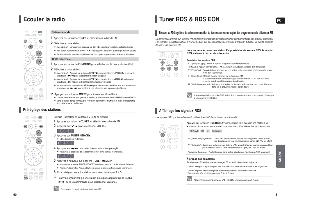 Samsung HT-TXQ120R/XEF manual Ecouter la radio, Tuner RDS & RDS EON, Préréglage des stations, Affichage les signaux RDS 