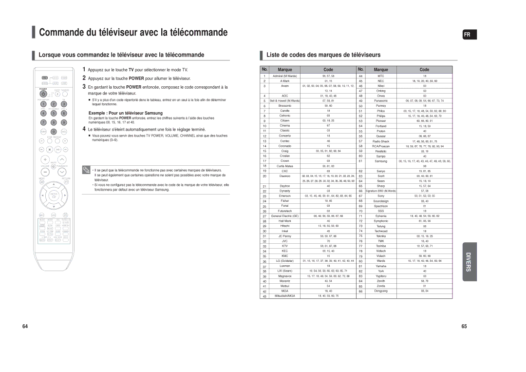 Samsung HT-TXQ120R/XEF manual Lorsque vous commandez le téléviseur avec la télécommande, Exemple Pour un téléviseur Samsung 