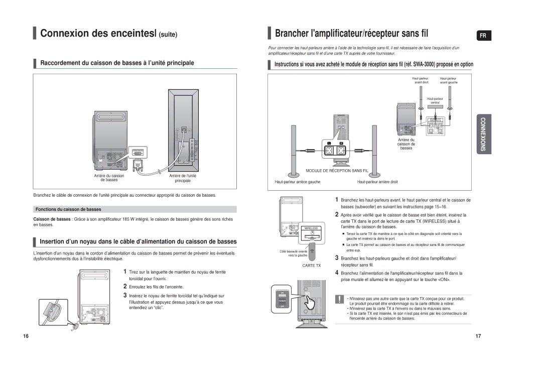 Samsung HT-TXQ120R/XEF manual Connexion des enceintesl suite, Raccordement du caisson de basses à l’unité principale 