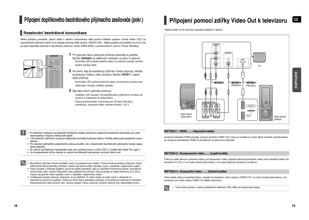 Samsung HT-TXQ120R/XEO manual Resetování bezdrátové komunikace, Zapněte hlavní jednotku přístroje, Nejvyšší kvalita 