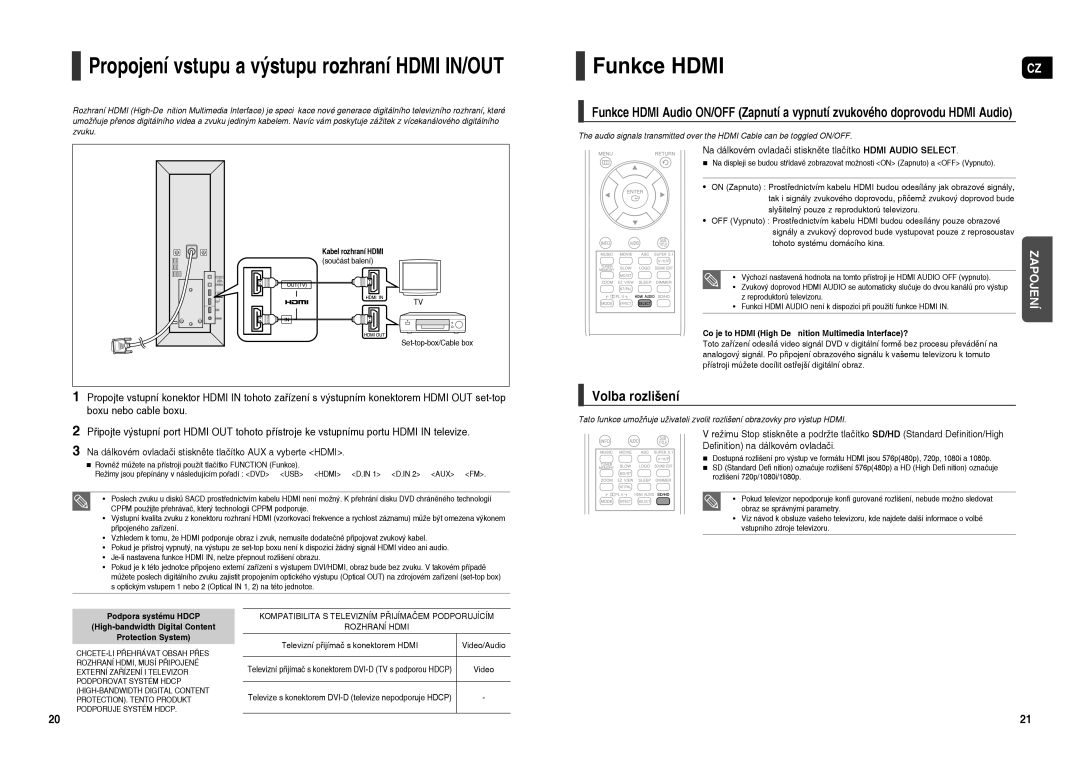 Samsung HT-TXQ120R/XEO manual Funkce Hdmi, Volba rozlišení, Na dálkovém ovladači stiskněte tlačítko AUX a vyberte Hdmi 