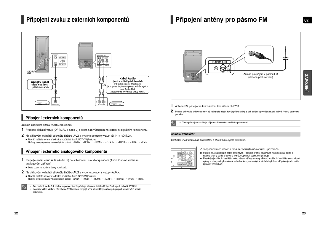 Samsung HT-TXQ120R/XEO manual Připojení antény pro pásmo FM, Připojení externích komponentů, Chladicí ventilátor 