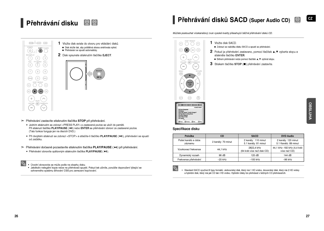 Samsung HT-TXQ120R/XEO manual Přehrávání disku, Vložte disk svisle do otvoru pro vkládání disků, Vložte disk Sacd 