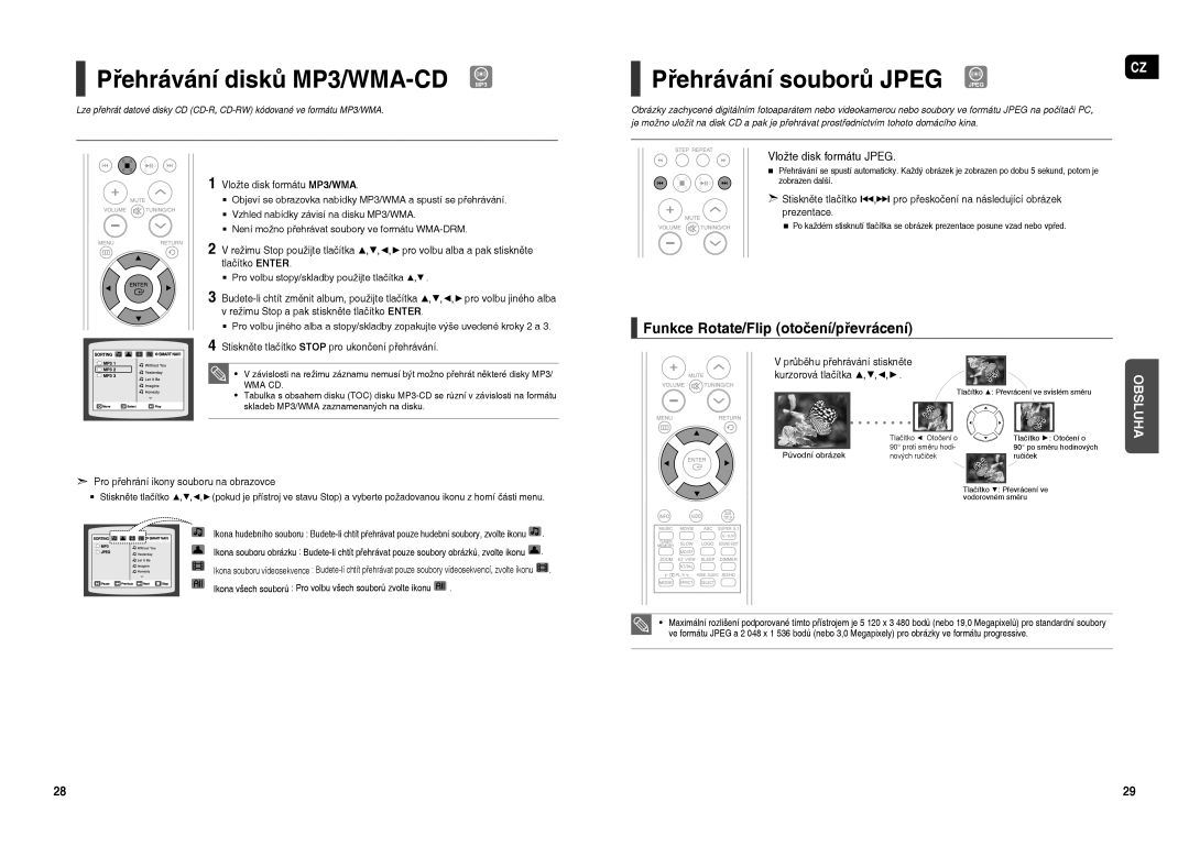 Samsung HT-TXQ120R/XEO manual Přehrávání disků MP3/WMA-CD, Přehrávání souborů Jpeg, Funkce Rotate/Flip otočení/převrácení 