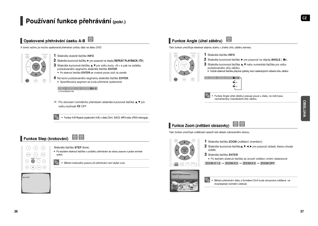 Samsung HT-TXQ120R/XEO manual Opakované přehrávání úseku A-B DVD, Funkce Step krokování, Funkce Angle úhel záběru 