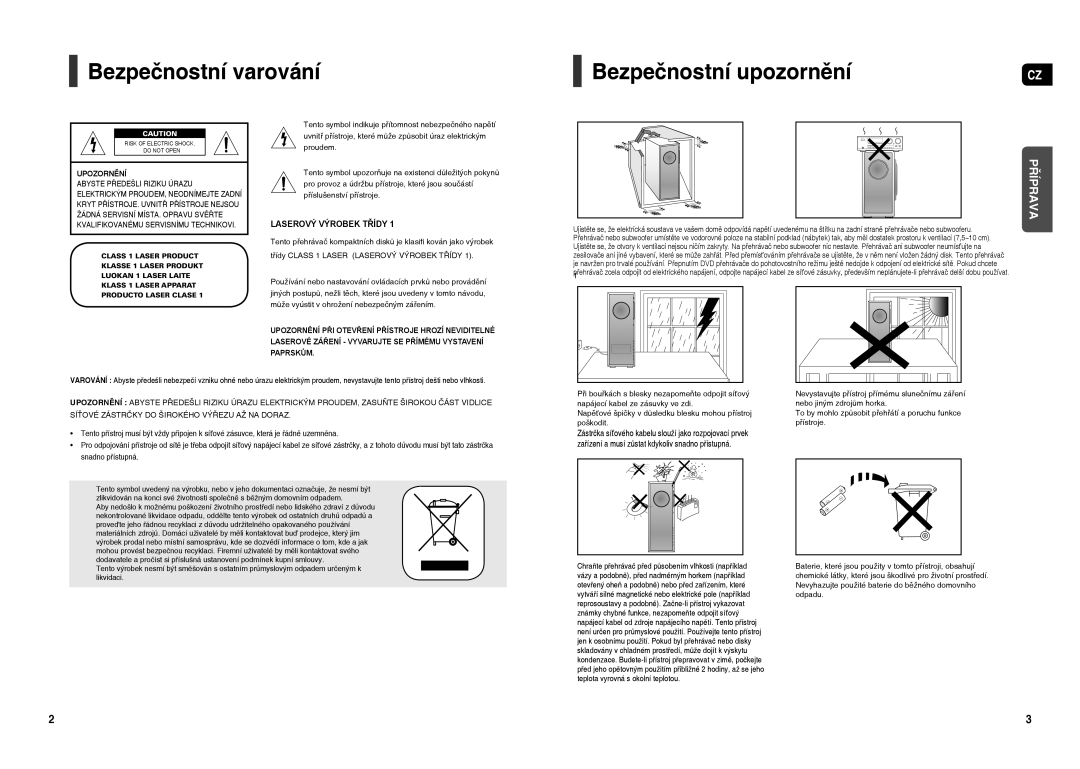 Samsung HT-TXQ120R/XEO manual Bezpečnostní varování, Bezpečnostní upozornění 