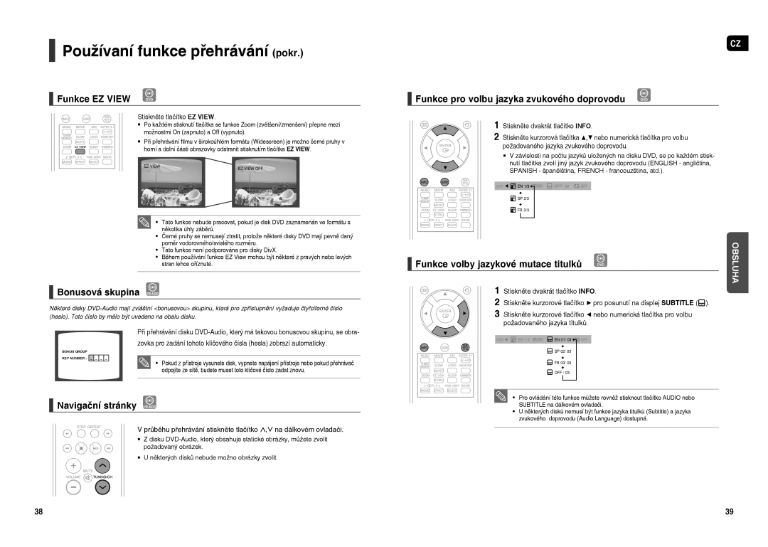 Samsung HT-TXQ120R/XEO manual Funkce EZ View, Bonusová skupina DVD-AUDIO, Funkce volby jazykové mutace titulků 
