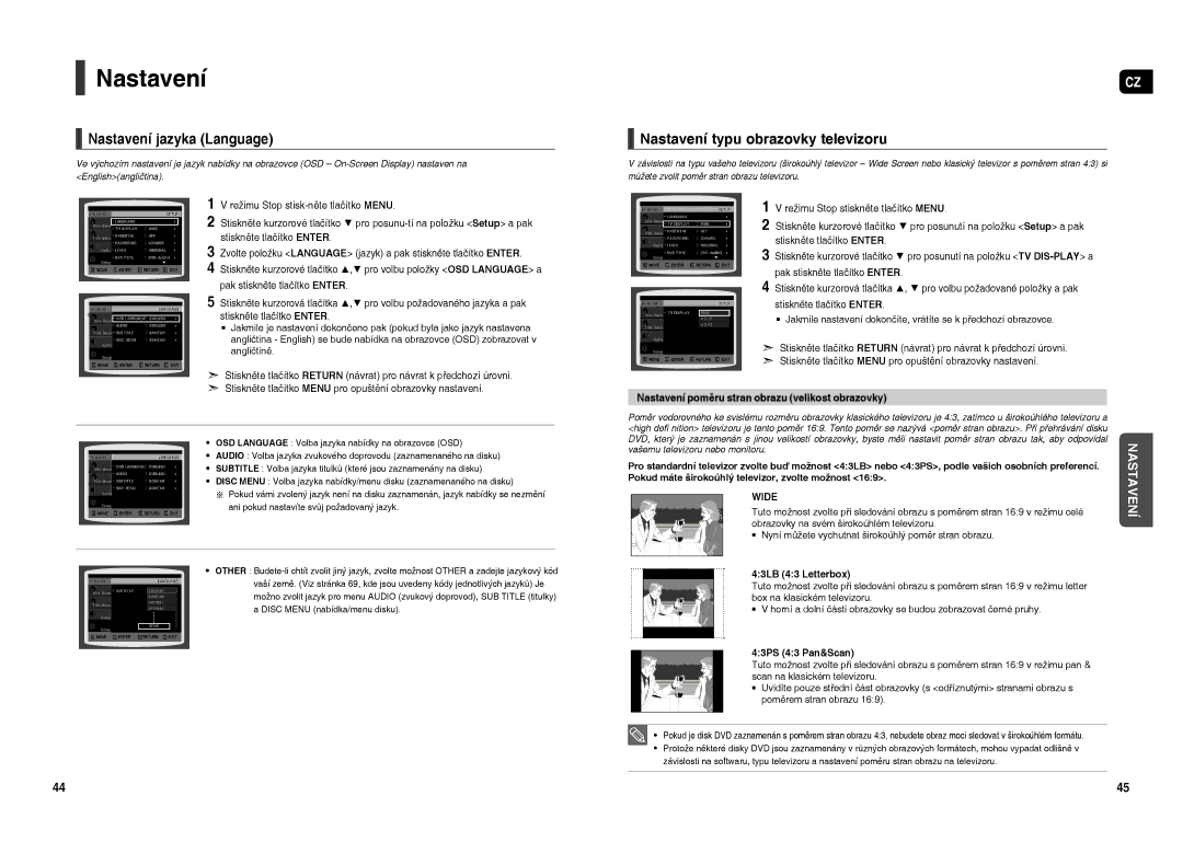 Samsung HT-TXQ120R/XEO manual Nastavení jazyka Language, Nastavení typu obrazovky televizoru, 43PS 43 Pan&Scan 