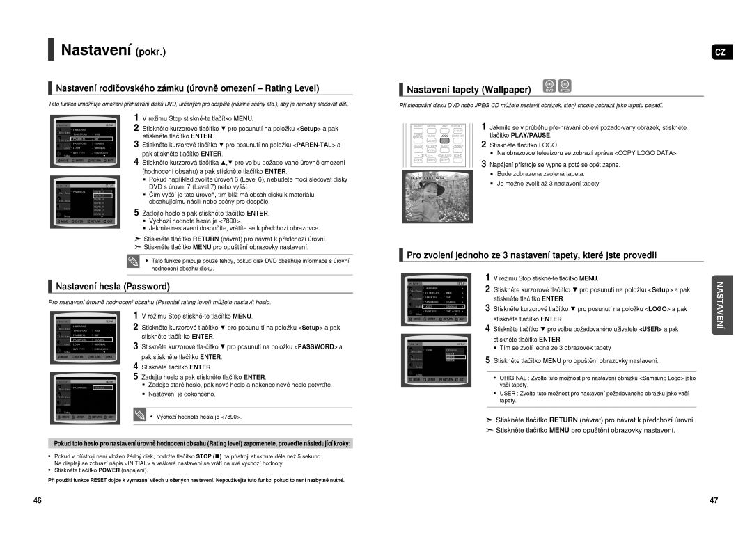 Samsung HT-TXQ120R/XEO manual Nastavení pokr, Nastavení rodičovského zámku úrovně omezení Rating Level 