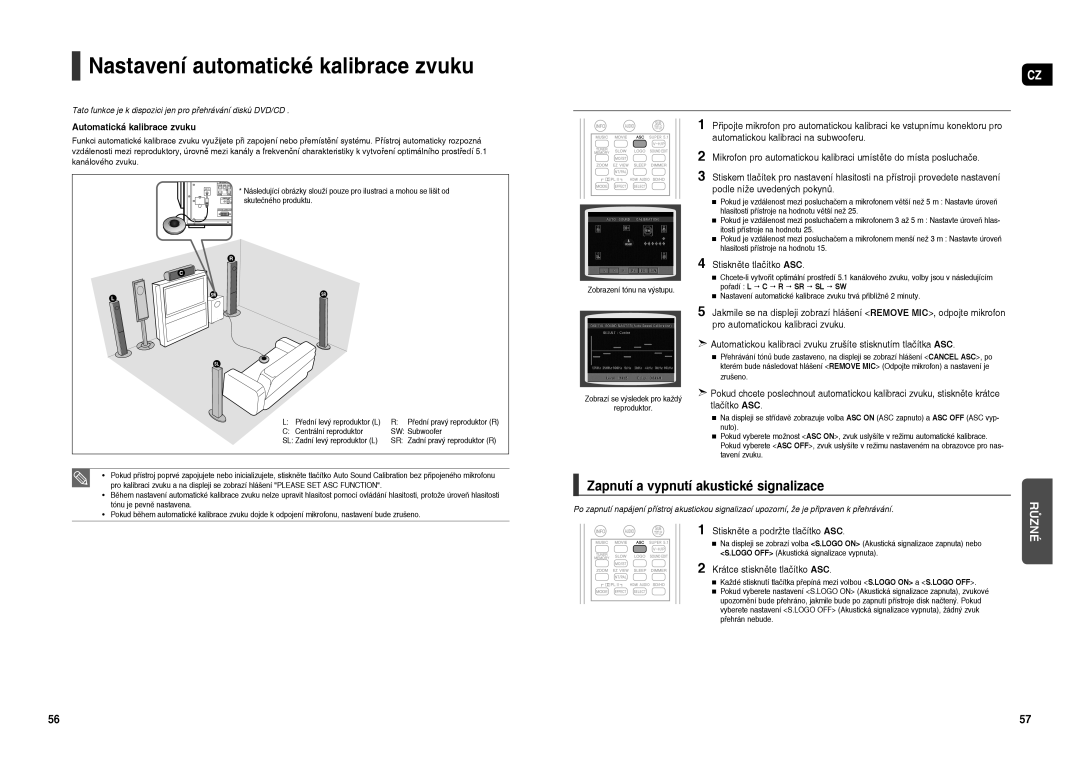 Samsung HT-TXQ120R/XEO manual Nastavení automatické kalibrace zvuku, Zapnutí a vypnutí akustické signalizace 