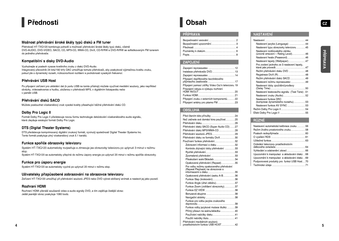 Samsung HT-TXQ120R/XEO manual Přednosti, Obsah 