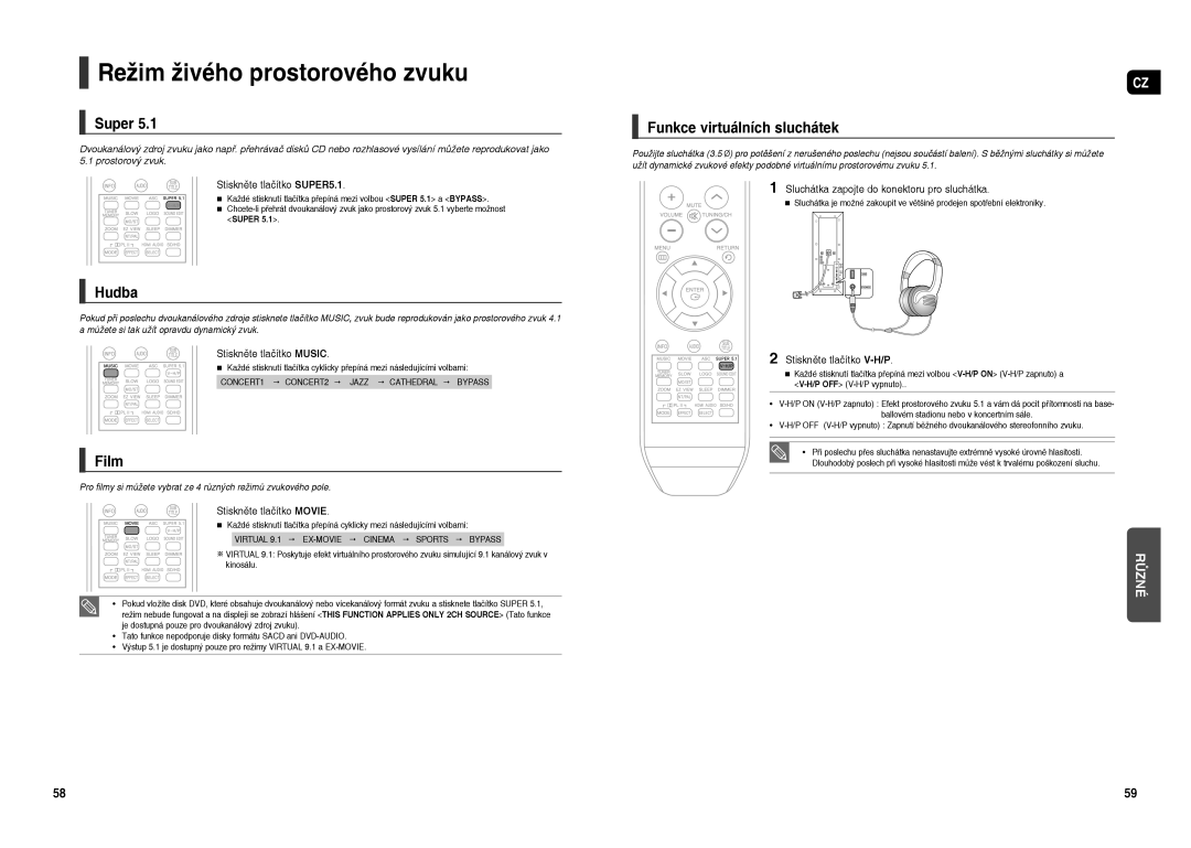 Samsung HT-TXQ120R/XEO manual Režim živého prostorového zvuku, Super, Hudba, Film, Funkce virtuálních sluchátek 