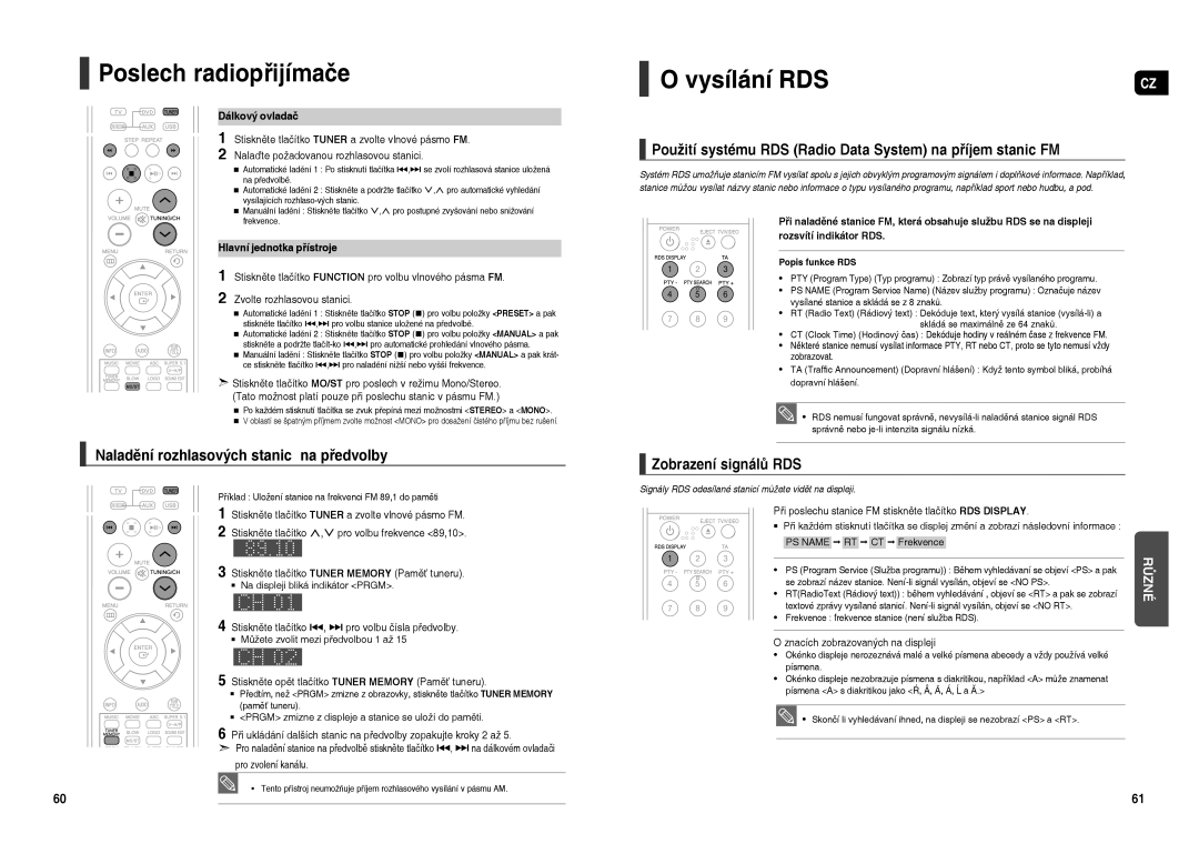 Samsung HT-TXQ120R/XEO manual Poslech radiopřijímače, Vysílání RDS, Naladění rozhlasových stanic na předvolby 