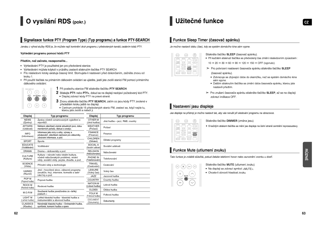 Samsung HT-TXQ120R/XEO Vysílání RDS pokr, Užitečné funkce, Funkce Sleep Timer časovač spánku, Nastavení jasu displeje 