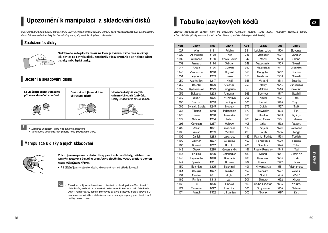 Samsung HT-TXQ120R/XEO manual Upozornění k manipulaci a skladování disků, Tabulka jazykových kódů, Zacházení s disky 