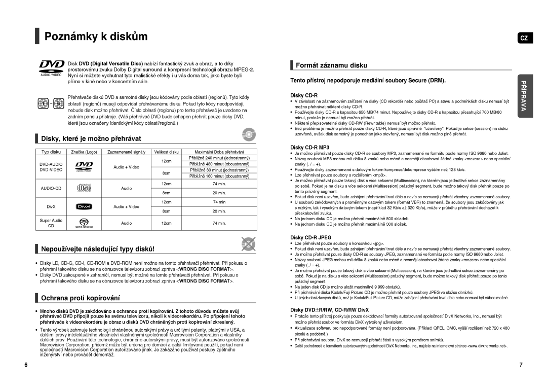 Samsung HT-TXQ120R/XEO manual Poznámky k diskům, Disky, které je možno přehrávat, Nepoužívejte následující typy disků 