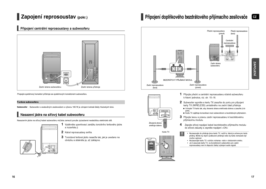 Samsung HT-TXQ120R/XEO manual Zapojení reprosoustav pokr, Připojení centrální reprosoustavy a subwooferu, Funkce subwooferu 