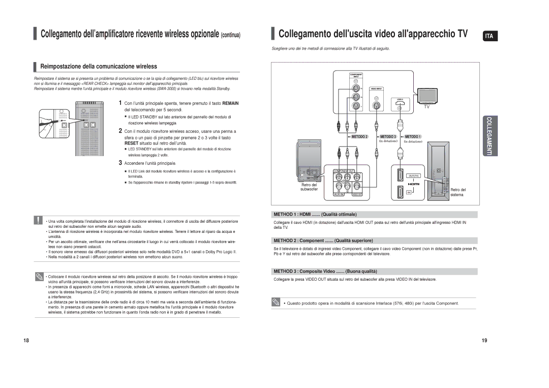 Samsung HT-TXQ120R/XET manual Accendere l’unità principale, Qualità ottimale, Method 2 Component Qualità superiore 