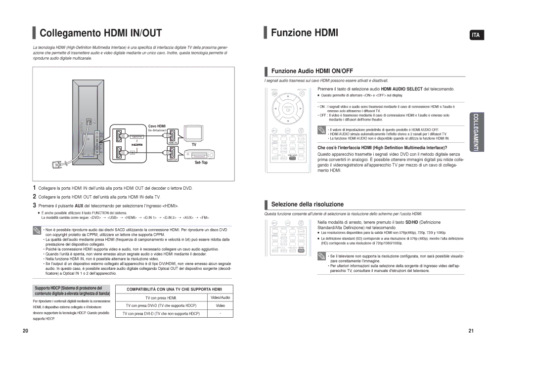 Samsung HT-TXQ120R/XET Collegamento Hdmi IN/OUT, Funzione Hdmi, Funzione Audio Hdmi ON/OFF, Selezione della risoluzione 