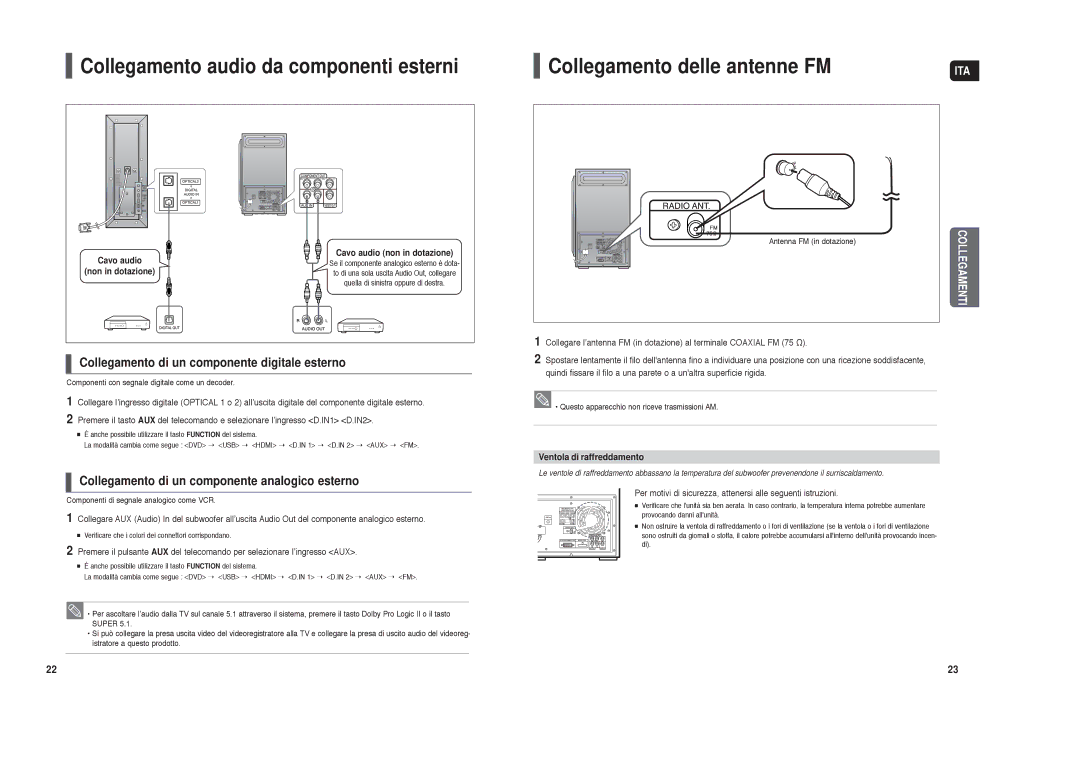 Samsung HT-TXQ120R/XET Collegamento di un componente digitale esterno, Collegamento di un componente analogico esterno 