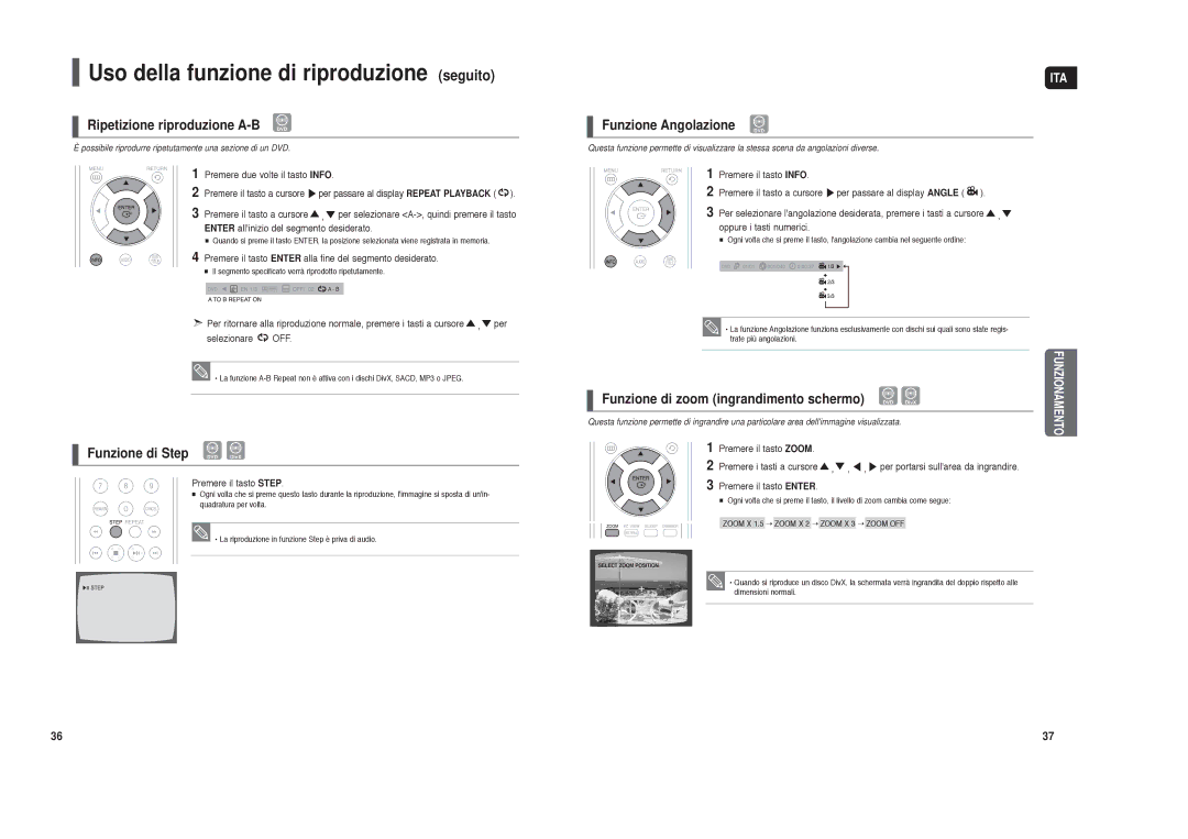 Samsung HT-TXQ120R/XET manual Ripetizione riproduzione A-B DVD, Funzione di Step DVD DivX, Funzione Angolazione DVD 