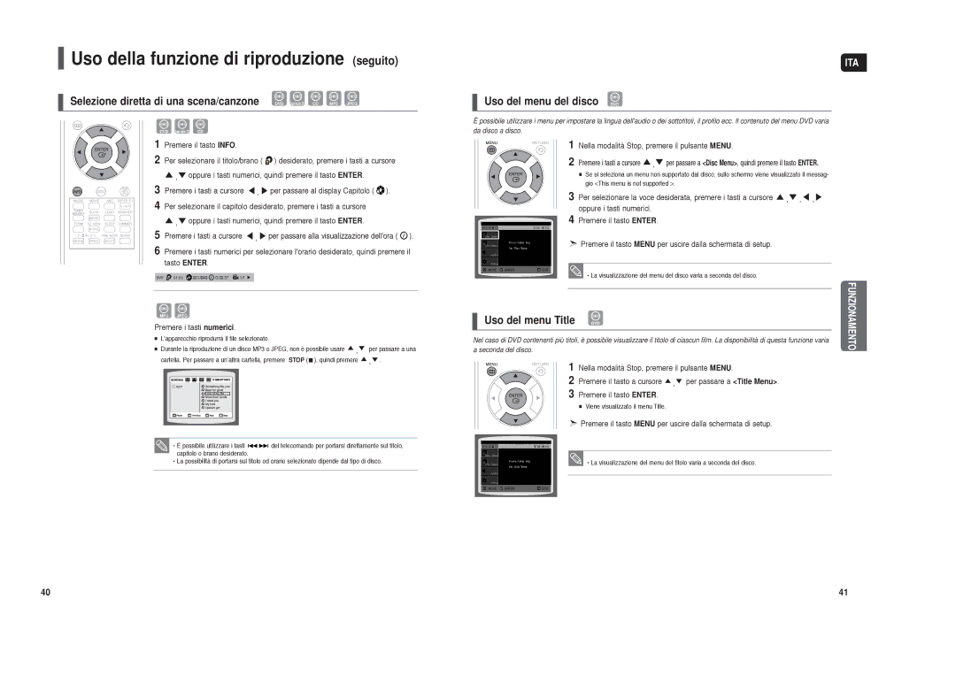 Samsung HT-TXQ120R/XET manual Selezione diretta di una scena/canzone, Uso del menu del disco DVD, Uso del menu Title 